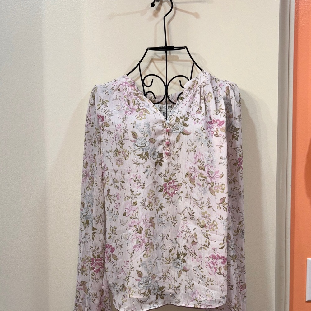 Rachel Zoe VINTAGE Pink & Green Floral Blouse Sm Partial Button